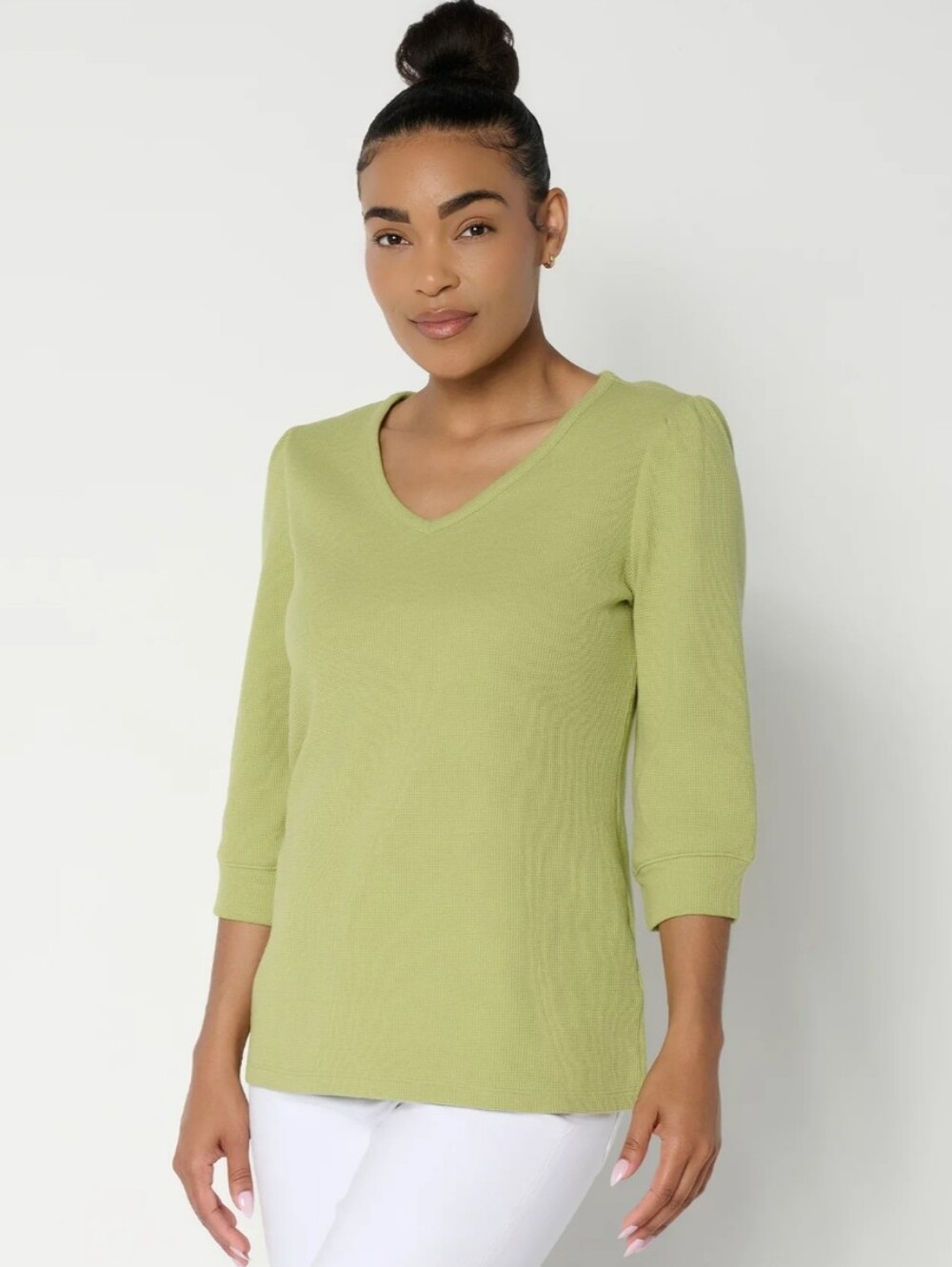 Denim & Co. Waffle Knit V-Neck Green Top Size 2X